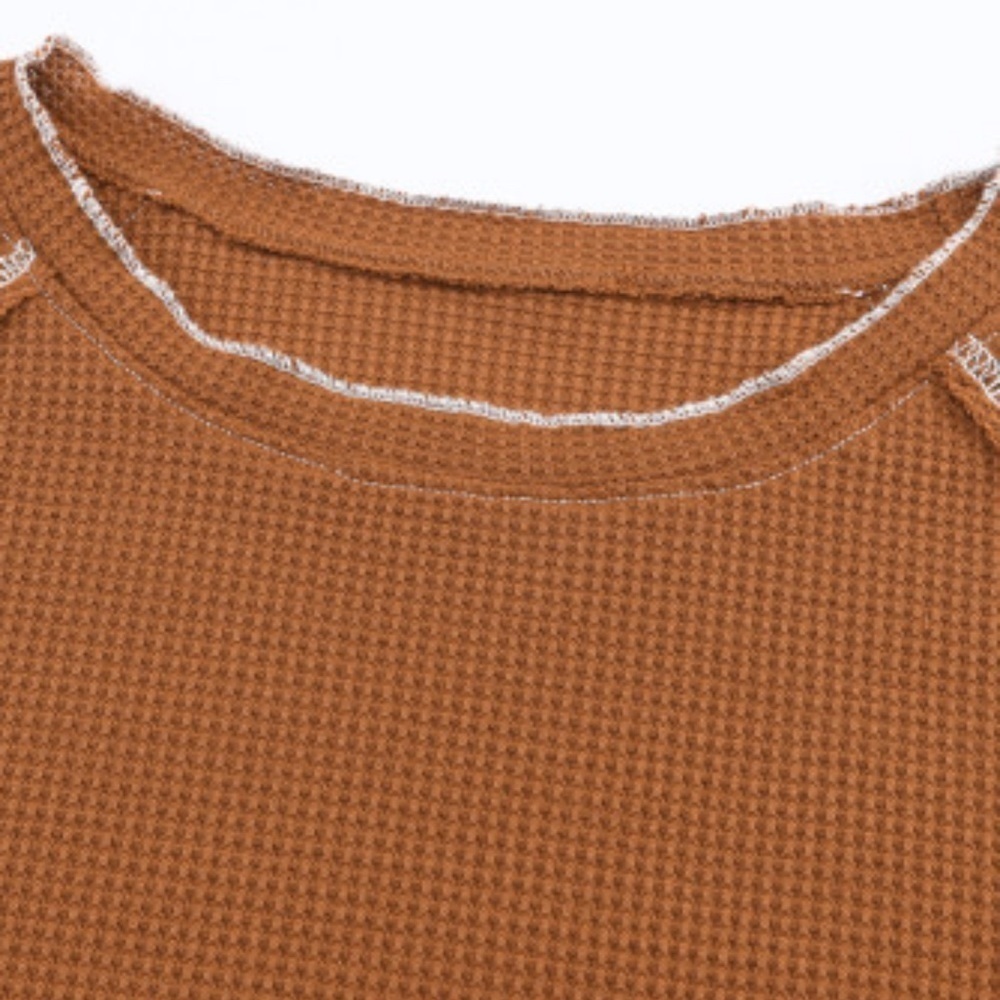 NEW Brown Waffle Knit Top with Raw Whipstitch Hems - Picture 6 of 10